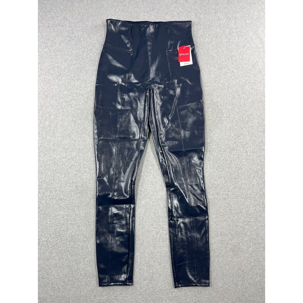 Spanx Faux Leather Leggings Pants Womens M Port Navy Shaping Waistband